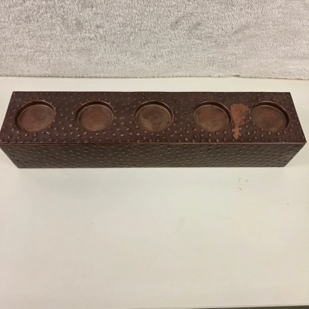 Hammered Bronze Metal 5 Tea Light Votive Candle Holder Rectangular Centerpiece